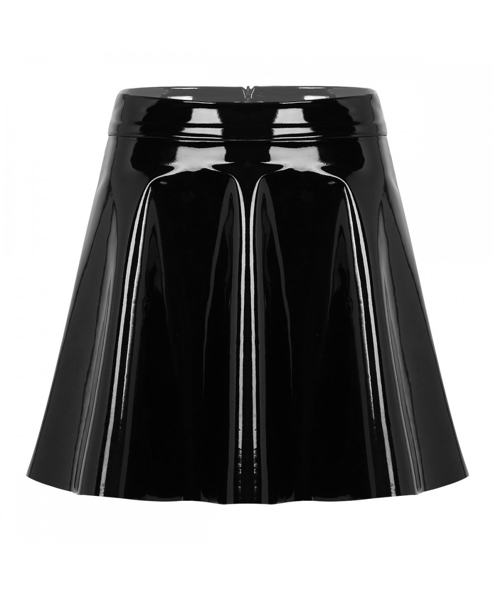 Womens Wet Look Leather Miniskirts High Waist Flared Pleated Latex A-Line Circle Skirt Rave Dance Bottoms Sexy Clubwear Skirt...