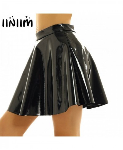 Womens Wet Look Leather Miniskirts High Waist Flared Pleated Latex A-Line Circle Skirt Rave Dance Bottoms Sexy Clubwear Skirt...