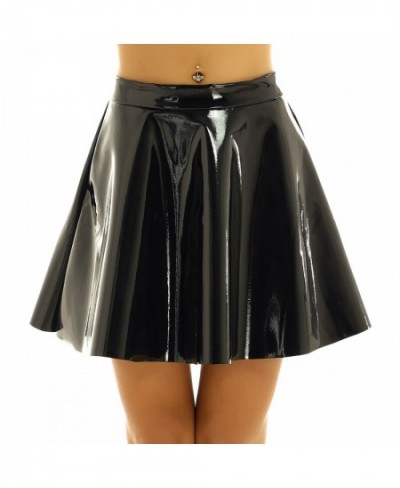 Womens Wet Look Leather Miniskirts High Waist Flared Pleated Latex A-Line Circle Skirt Rave Dance Bottoms Sexy Clubwear Skirt...