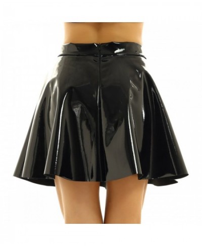 Womens Wet Look Leather Miniskirts High Waist Flared Pleated Latex A-Line Circle Skirt Rave Dance Bottoms Sexy Clubwear Skirt...