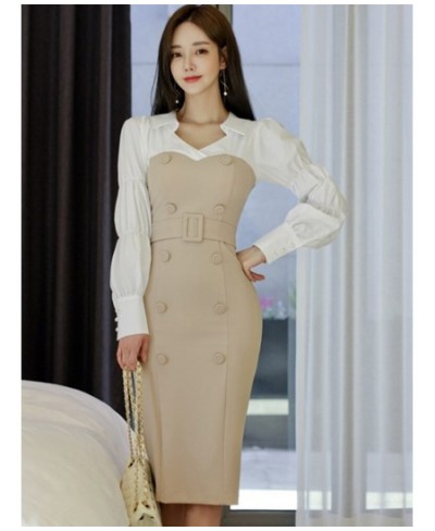 fashion spring autumn women temperament age reduction patchwork double breasted v-neck lantern sleeve pencil dress $51.44 - D...