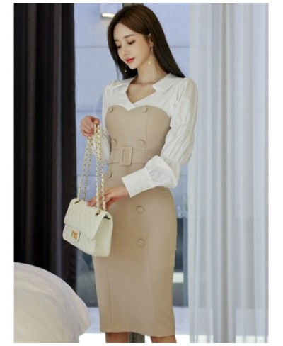 fashion spring autumn women temperament age reduction patchwork double breasted v-neck lantern sleeve pencil dress $51.44 - D...