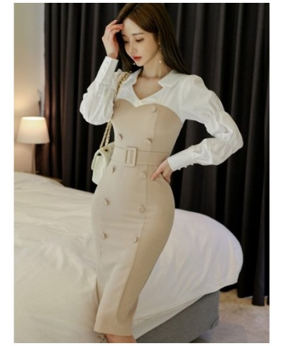 fashion spring autumn women temperament age reduction patchwork double breasted v-neck lantern sleeve pencil dress $51.44 - D...