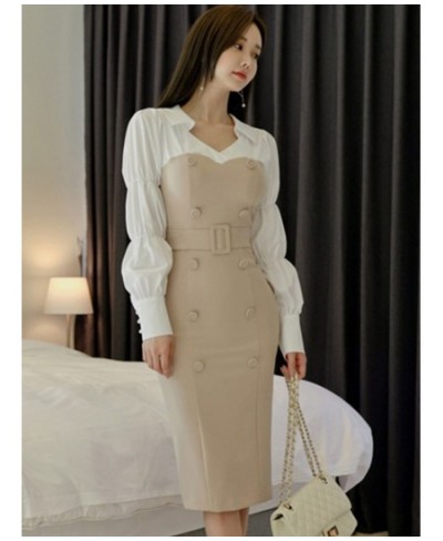 fashion spring autumn women temperament age reduction patchwork double breasted v-neck lantern sleeve pencil dress $51.44 - D...