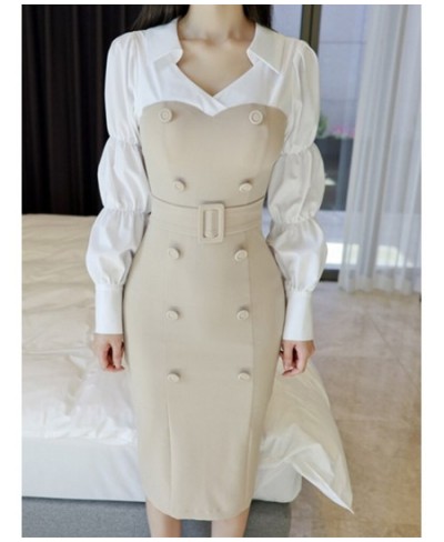 fashion spring autumn women temperament age reduction patchwork double breasted v-neck lantern sleeve pencil dress $51.44 - D...