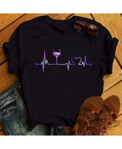 Colorful Wine Heartbeat Print T Shirt Women Short Sleeve O Neck Loose Tshirt Summer Women Tee Shirt Tops Camisetas Mujer Femm...