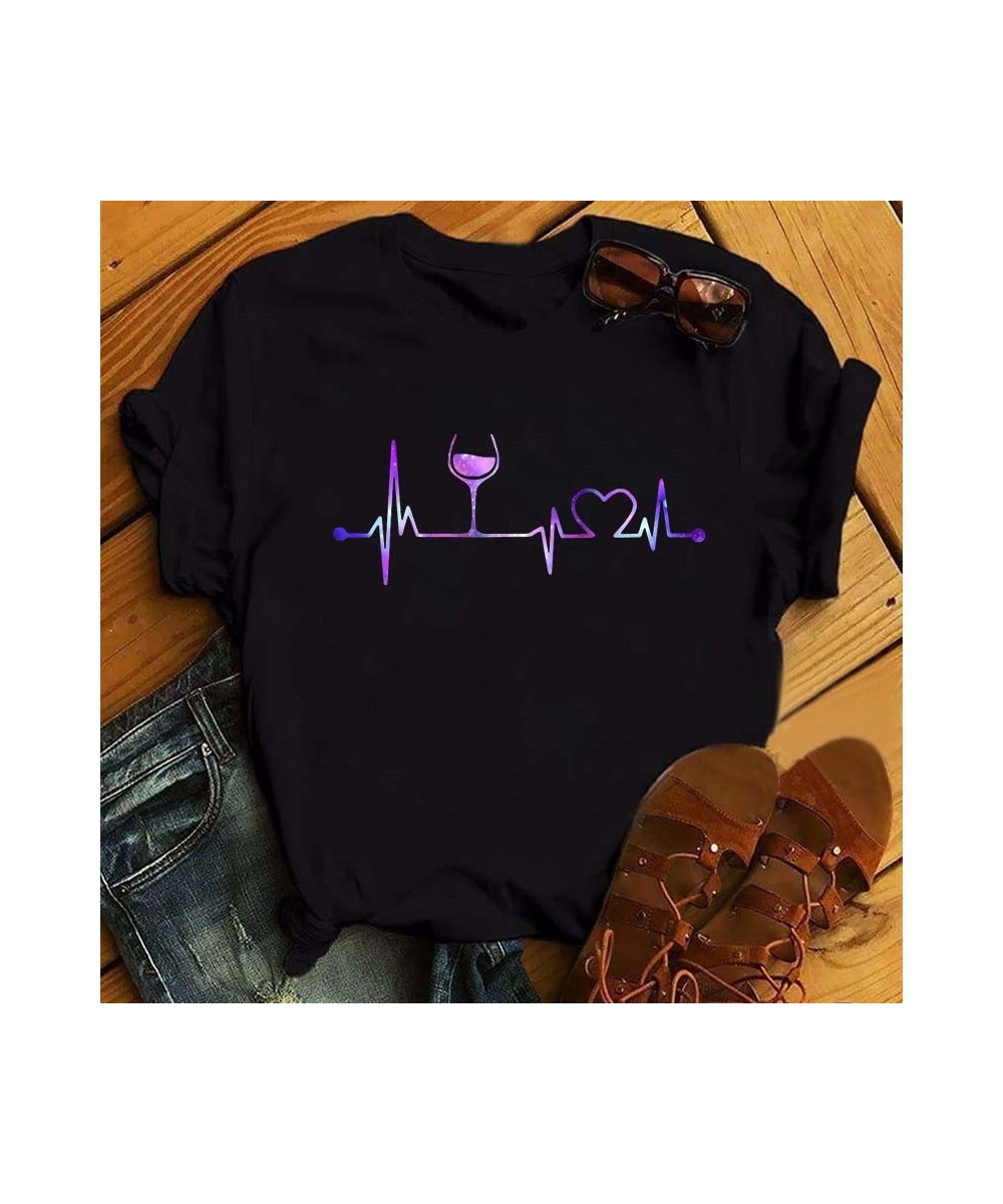 Colorful Wine Heartbeat Print T Shirt Women Short Sleeve O Neck Loose Tshirt Summer Women Tee Shirt Tops Camisetas Mujer Femm...