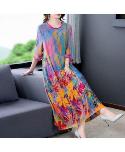 Fashionable western-style silk printed dress female 2023 summer dithering style silk o neck casual short sleeve dress female ...