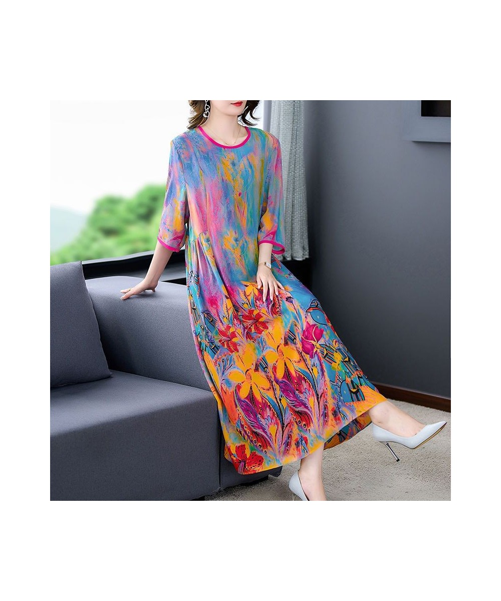 Fashionable western-style silk printed dress female 2023 summer dithering style silk o neck casual short sleeve dress female ...