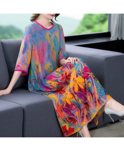 Fashionable western-style silk printed dress female 2023 summer dithering style silk o neck casual short sleeve dress female ...