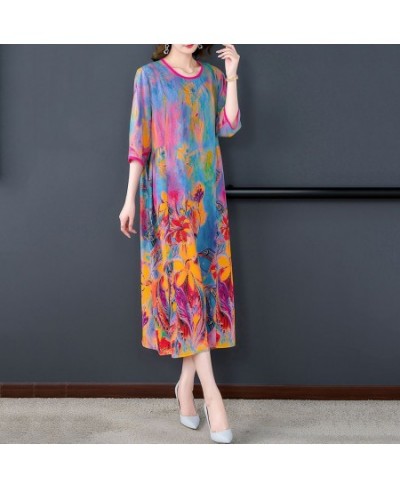 Fashionable western-style silk printed dress female 2023 summer dithering style silk o neck casual short sleeve dress female ...