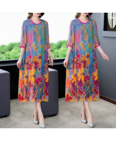 Fashionable western-style silk printed dress female 2023 summer dithering style silk o neck casual short sleeve dress female ...