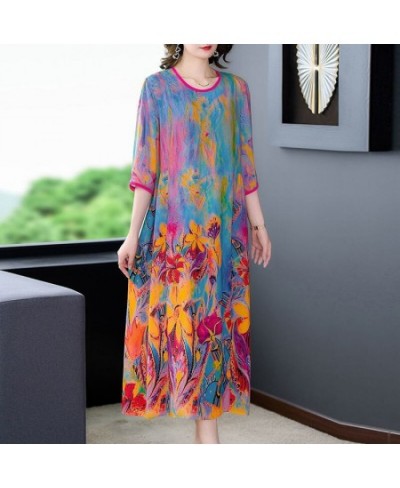 Fashionable western-style silk printed dress female 2023 summer dithering style silk o neck casual short sleeve dress female ...