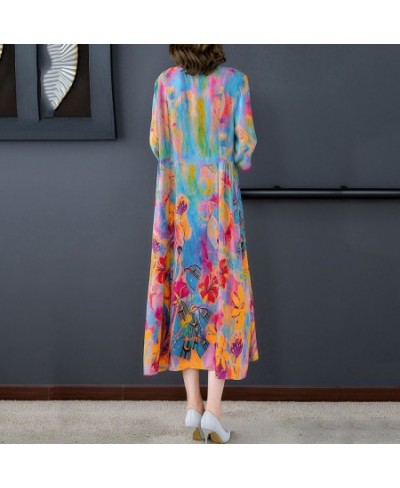 Fashionable western-style silk printed dress female 2023 summer dithering style silk o neck casual short sleeve dress female ...