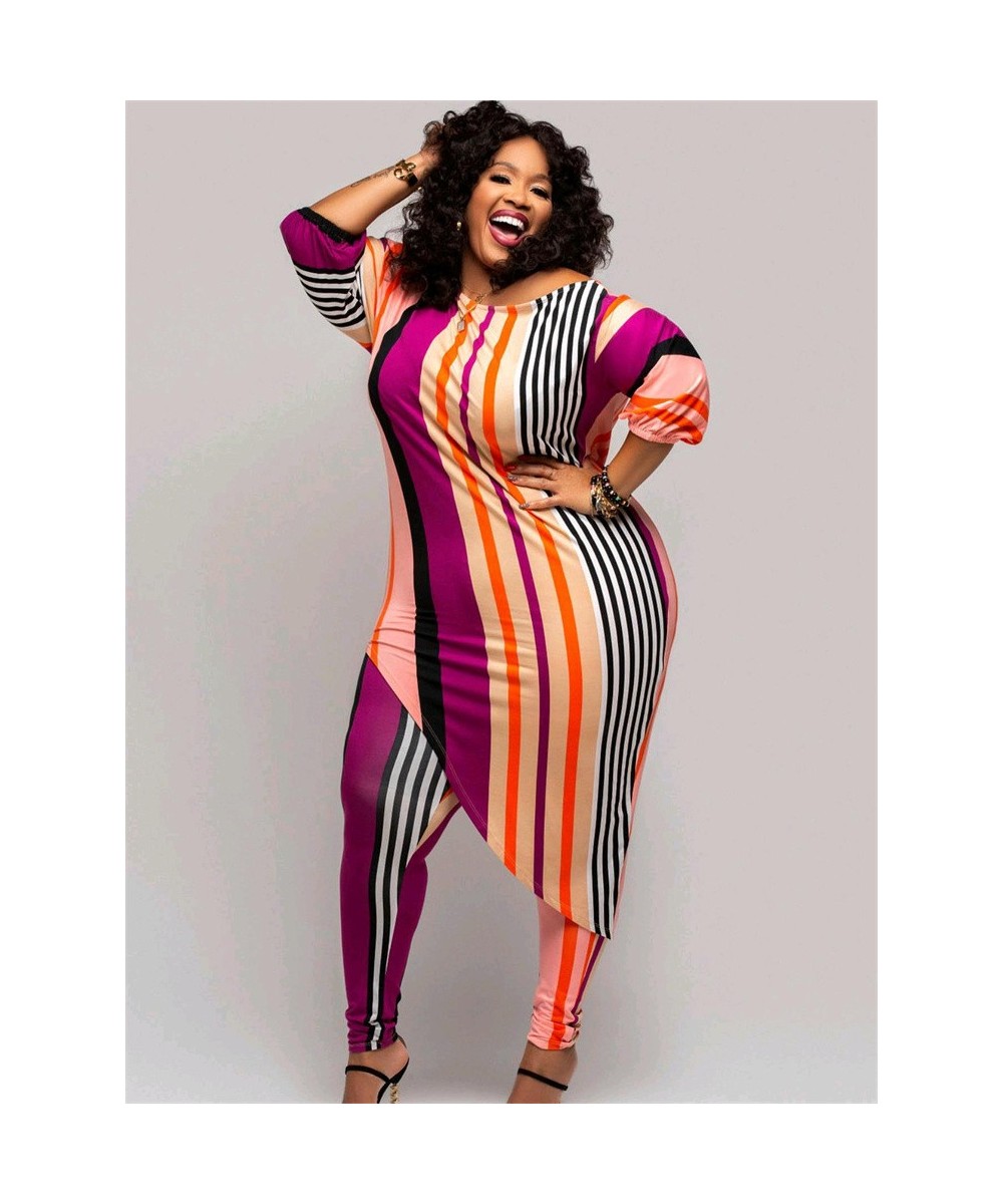 Plus Size Two Piece Outfits Women Fall Clothing Striped Top Irregular Hem Leggings Matching Set Wholesale $44.82 - Plus Size ...