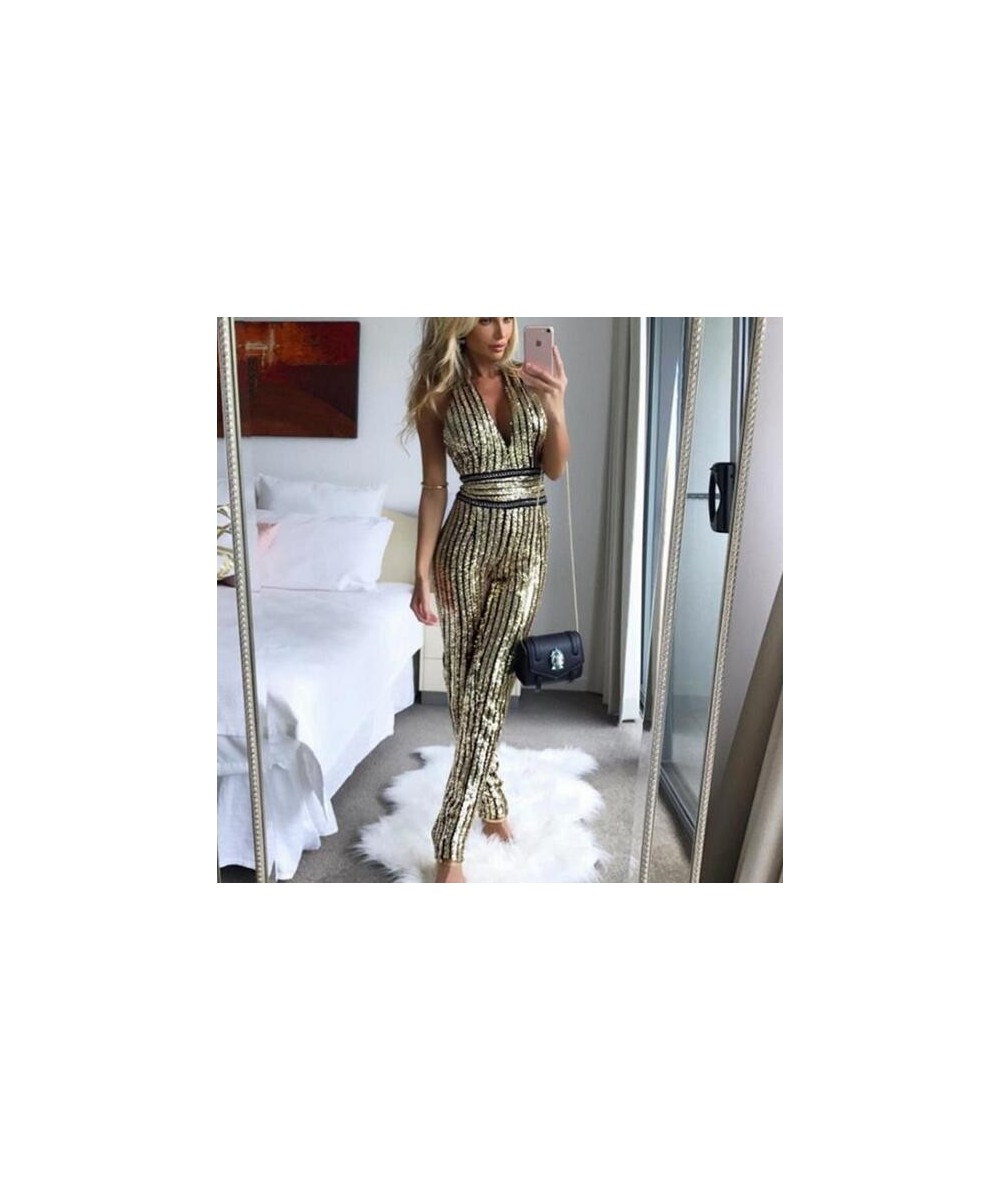 Ladies Elegant Jumpsuit Party Clubwear Fashion Summer Sexy Overalls 2023 Backless Sequin Jumpsuit For Women Gold DW184 $62.61...