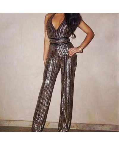 Ladies Elegant Jumpsuit Party Clubwear Fashion Summer Sexy Overalls 2023 Backless Sequin Jumpsuit For Women Gold DW184 $62.61...