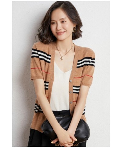 2022 Autumn And Winter New Trendy Brand Sweater Women's Striped Sweater Fashion Half-sleeved Cardigan Color Matching Thin Top...