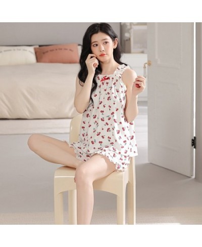 Women's Sleepwear Small Flowers Pajama Set Knit Cotton Pyjamas Female Sleeveless Sling Tops and Shorts Nightwear For Summer $...