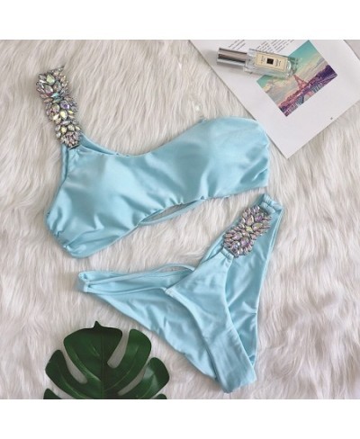 Shiny Rhinestone Bikini 2023 Sexy Solid One Shoulder Cut Out Push Up Swimsuit Lady Crystal Bathing Suit Brazilian Thong $33.8...