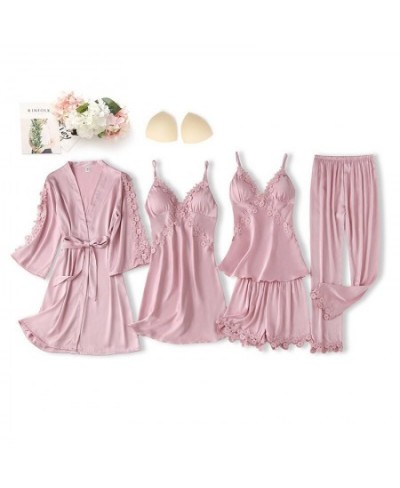 Pink Women Lace Robe Set Floral Trim Soft Pajamas Suit Sexy V-Neck Nightgown Sleepshirts Summer Bathrobe Dressing Gown Home $...