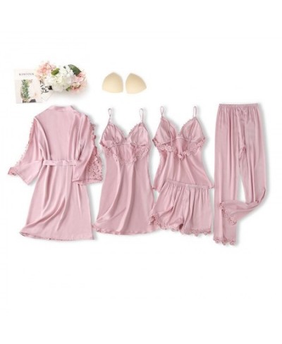 Pink Women Lace Robe Set Floral Trim Soft Pajamas Suit Sexy V-Neck Nightgown Sleepshirts Summer Bathrobe Dressing Gown Home $...