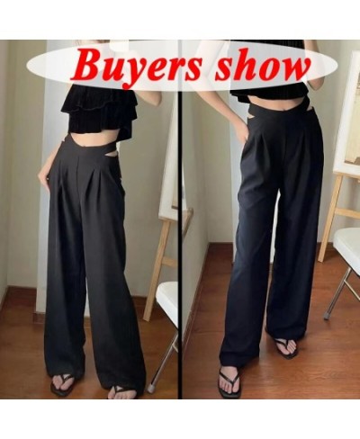 Hollow Out High Waist Straight Pants Women Fashion Back Zipper Wide Leg Suit Pants Ladies Y2K Streetwear Baggy Trousers $36.2...