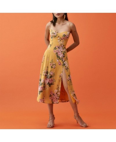 Dresses For Women 2023 Party Elegant Floral Vintage Midi Dress Side High Slit Sexy Spaghetti Strap Dress Chiffon Summer $45.7...