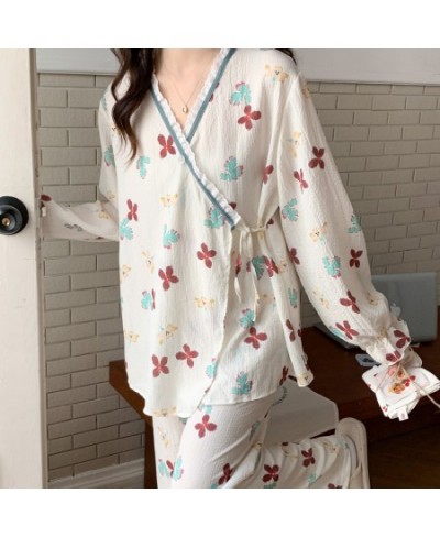 Women Cotton Gauze Kimono Pajamas Set Long Sleeve Pant Soft Home Clothes Printing Soft Sleepwear Loungewear Women's Set Pyjam...