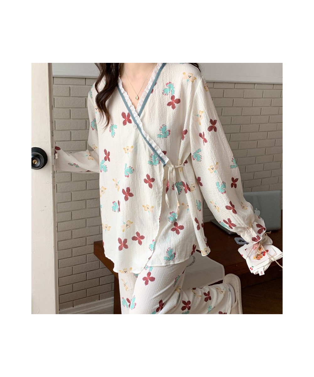 Women Cotton Gauze Kimono Pajamas Set Long Sleeve Pant Soft Home Clothes Printing Soft Sleepwear Loungewear Women's Set Pyjam...