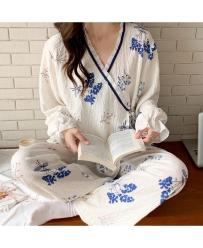 Women Cotton Gauze Kimono Pajamas Set Long Sleeve Pant Soft Home Clothes Printing Soft Sleepwear Loungewear Women's Set Pyjam...