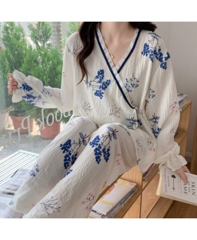 Women Cotton Gauze Kimono Pajamas Set Long Sleeve Pant Soft Home Clothes Printing Soft Sleepwear Loungewear Women's Set Pyjam...