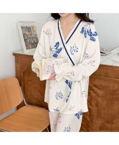 Women Cotton Gauze Kimono Pajamas Set Long Sleeve Pant Soft Home Clothes Printing Soft Sleepwear Loungewear Women's Set Pyjam...