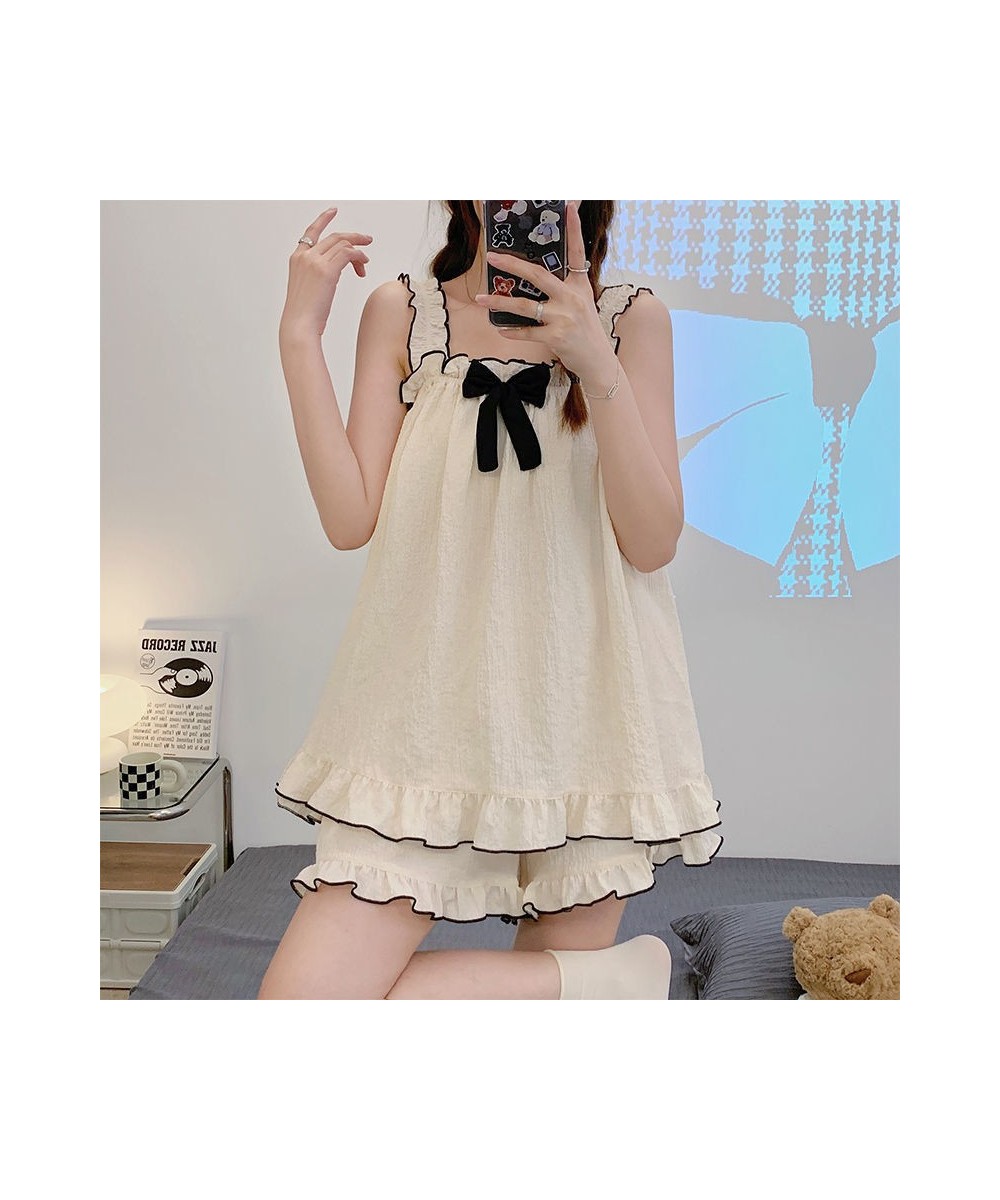 Pajama Sets Women Sleeveless Bow Summer Cool Kawaii Home Sleepwear Soft Casual Tender Girlish Ulzzang Ins Fashion Cozy Young ...