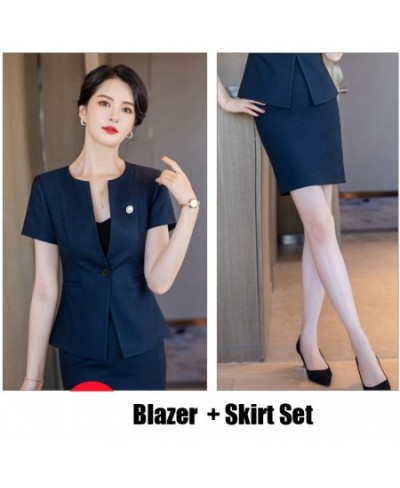 Summer Navy Blue Blazer Women Business Suits Skirt and Jacket Sets Short Sleeve Ladies Work Office Uniform Styles $68.45 - Su...