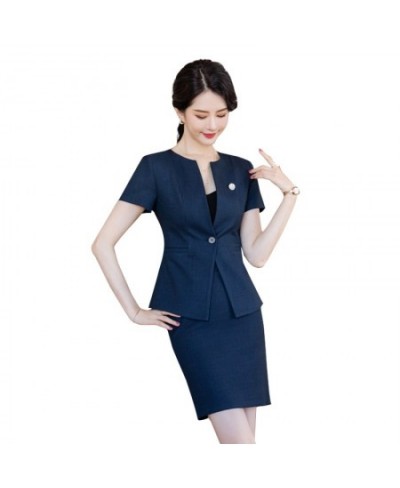 Summer Navy Blue Blazer Women Business Suits Skirt and Jacket Sets Short Sleeve Ladies Work Office Uniform Styles $68.45 - Su...