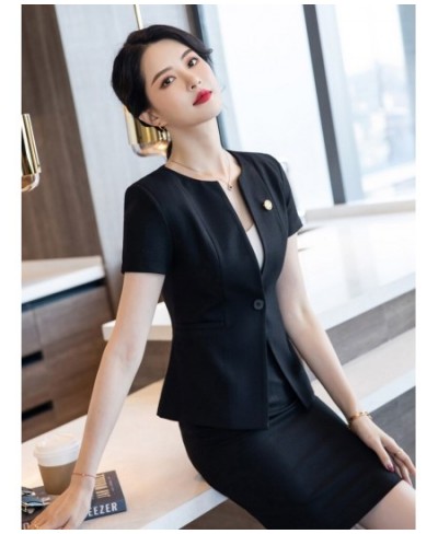 Summer Navy Blue Blazer Women Business Suits Skirt and Jacket Sets Short Sleeve Ladies Work Office Uniform Styles $68.45 - Su...