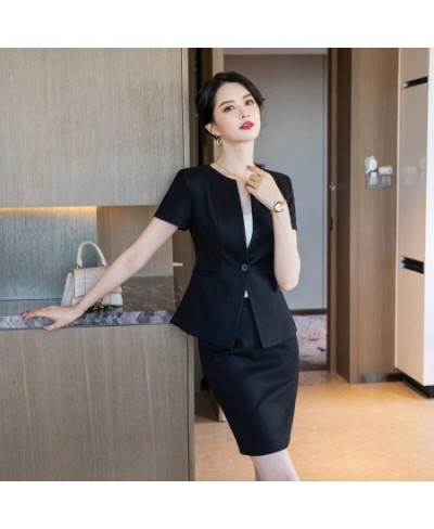 Summer Navy Blue Blazer Women Business Suits Skirt and Jacket Sets Short Sleeve Ladies Work Office Uniform Styles $68.45 - Su...