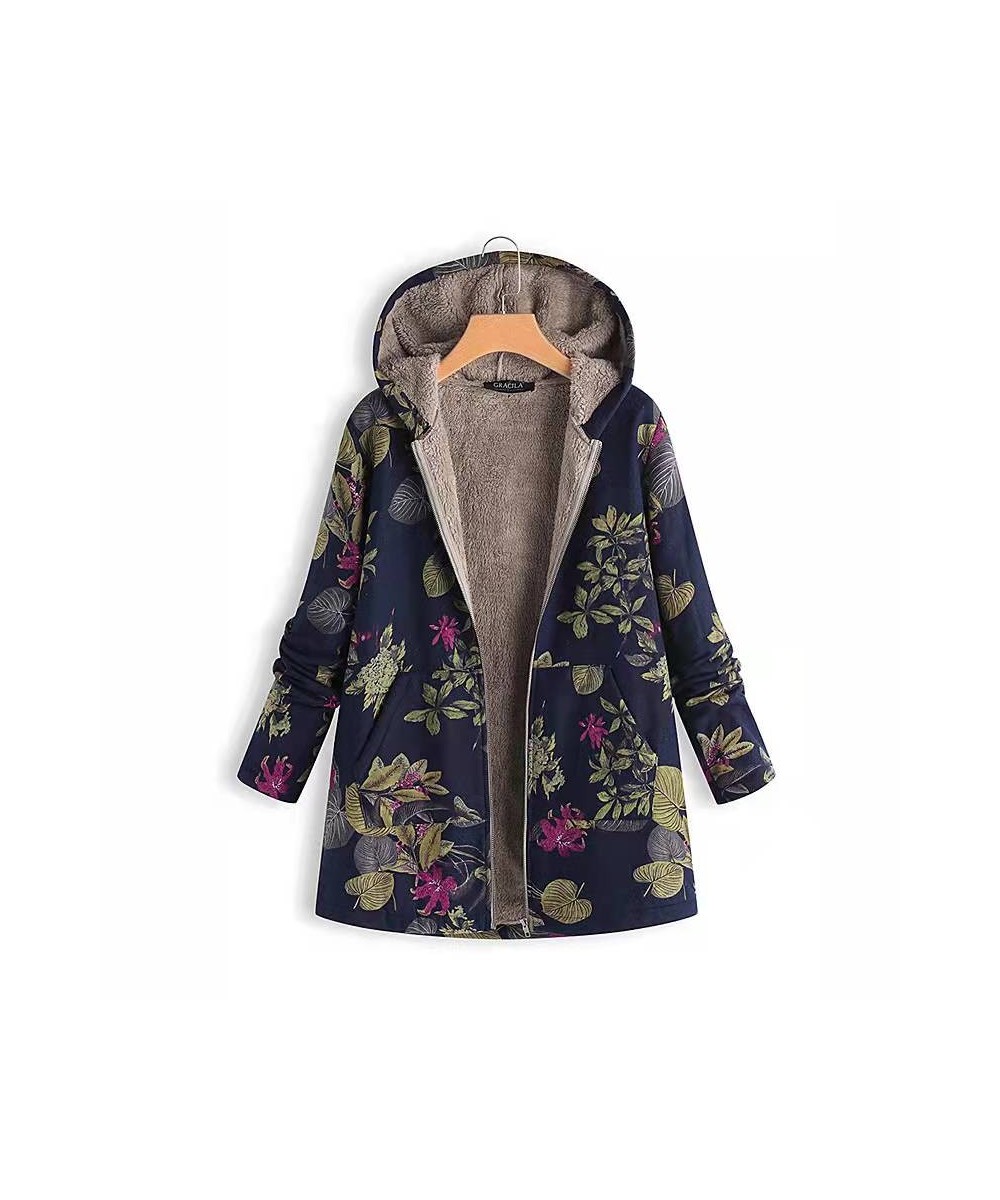 2023 Women Winter Hooded Blend Coats Tops Retro Zipper Floral Printed Long Cardigan Jackets Autumn Long Sleeve Pocket Outwear...