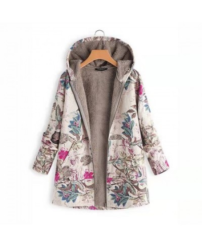 2023 Women Winter Hooded Blend Coats Tops Retro Zipper Floral Printed Long Cardigan Jackets Autumn Long Sleeve Pocket Outwear...