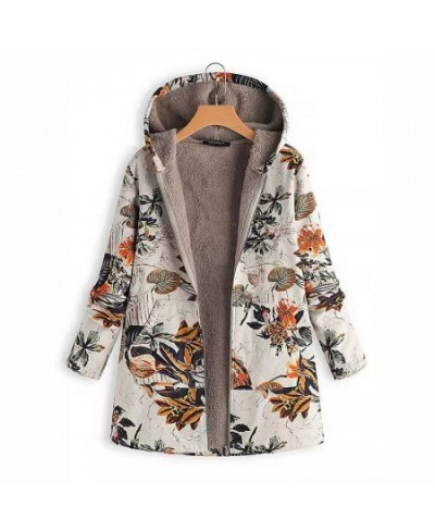 2023 Women Winter Hooded Blend Coats Tops Retro Zipper Floral Printed Long Cardigan Jackets Autumn Long Sleeve Pocket Outwear...