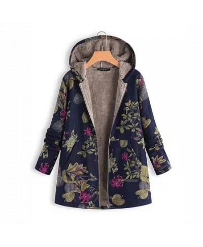 2023 Women Winter Hooded Blend Coats Tops Retro Zipper Floral Printed Long Cardigan Jackets Autumn Long Sleeve Pocket Outwear...