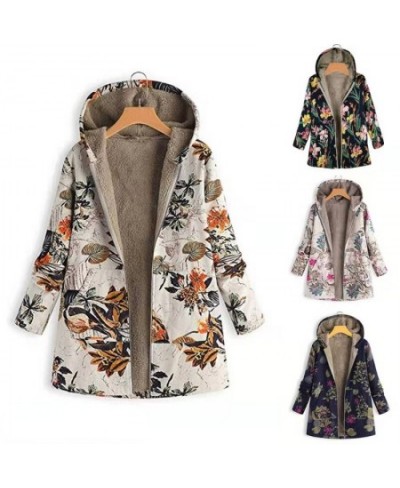 2023 Women Winter Hooded Blend Coats Tops Retro Zipper Floral Printed Long Cardigan Jackets Autumn Long Sleeve Pocket Outwear...