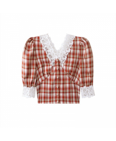 Vintage Plaid Shirt Women Checkered Puff Sleeve Blouse with Lace Crop Top Korean Style 2023 Fashion 90s Oversize Bodycon $30....