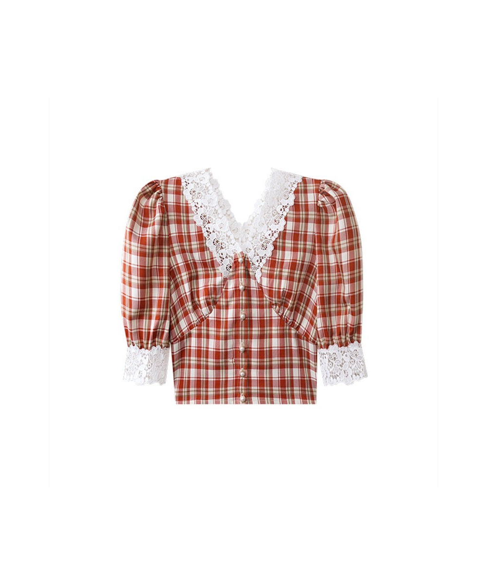 Vintage Plaid Shirt Women Checkered Puff Sleeve Blouse with Lace Crop Top Korean Style 2023 Fashion 90s Oversize Bodycon $30....