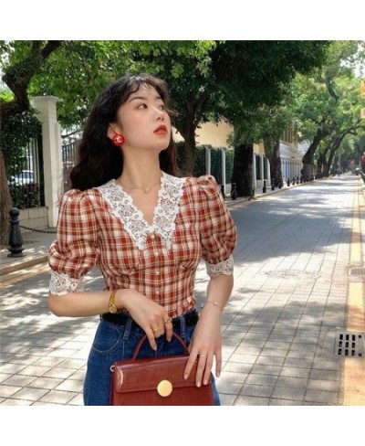 Vintage Plaid Shirt Women Checkered Puff Sleeve Blouse with Lace Crop Top Korean Style 2023 Fashion 90s Oversize Bodycon $30....