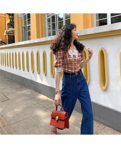 Vintage Plaid Shirt Women Checkered Puff Sleeve Blouse with Lace Crop Top Korean Style 2023 Fashion 90s Oversize Bodycon $30....