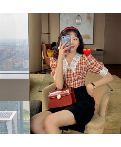 Vintage Plaid Shirt Women Checkered Puff Sleeve Blouse with Lace Crop Top Korean Style 2023 Fashion 90s Oversize Bodycon $30....