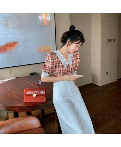 Vintage Plaid Shirt Women Checkered Puff Sleeve Blouse with Lace Crop Top Korean Style 2023 Fashion 90s Oversize Bodycon $30....