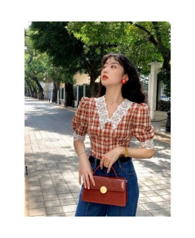 Vintage Plaid Shirt Women Checkered Puff Sleeve Blouse with Lace Crop Top Korean Style 2023 Fashion 90s Oversize Bodycon $30....